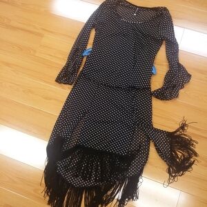 Sheer Black Polka Dot Skirt Set with Fringe Panels